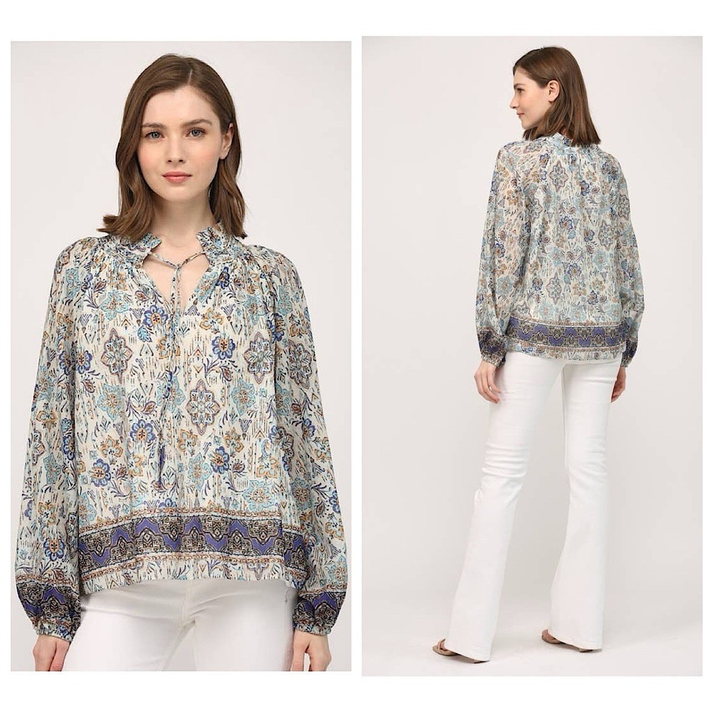 Fate Border‎ Print Tie Neck Peasant Blouse Womens Sz L Long Sleeve Cotton Voile